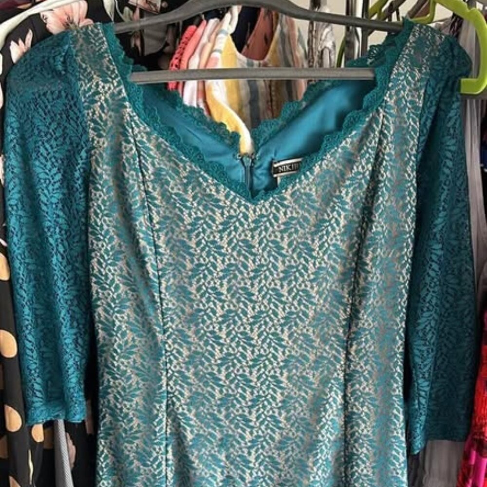 Blue/Green Women's Floral Lace Dress - Size Small